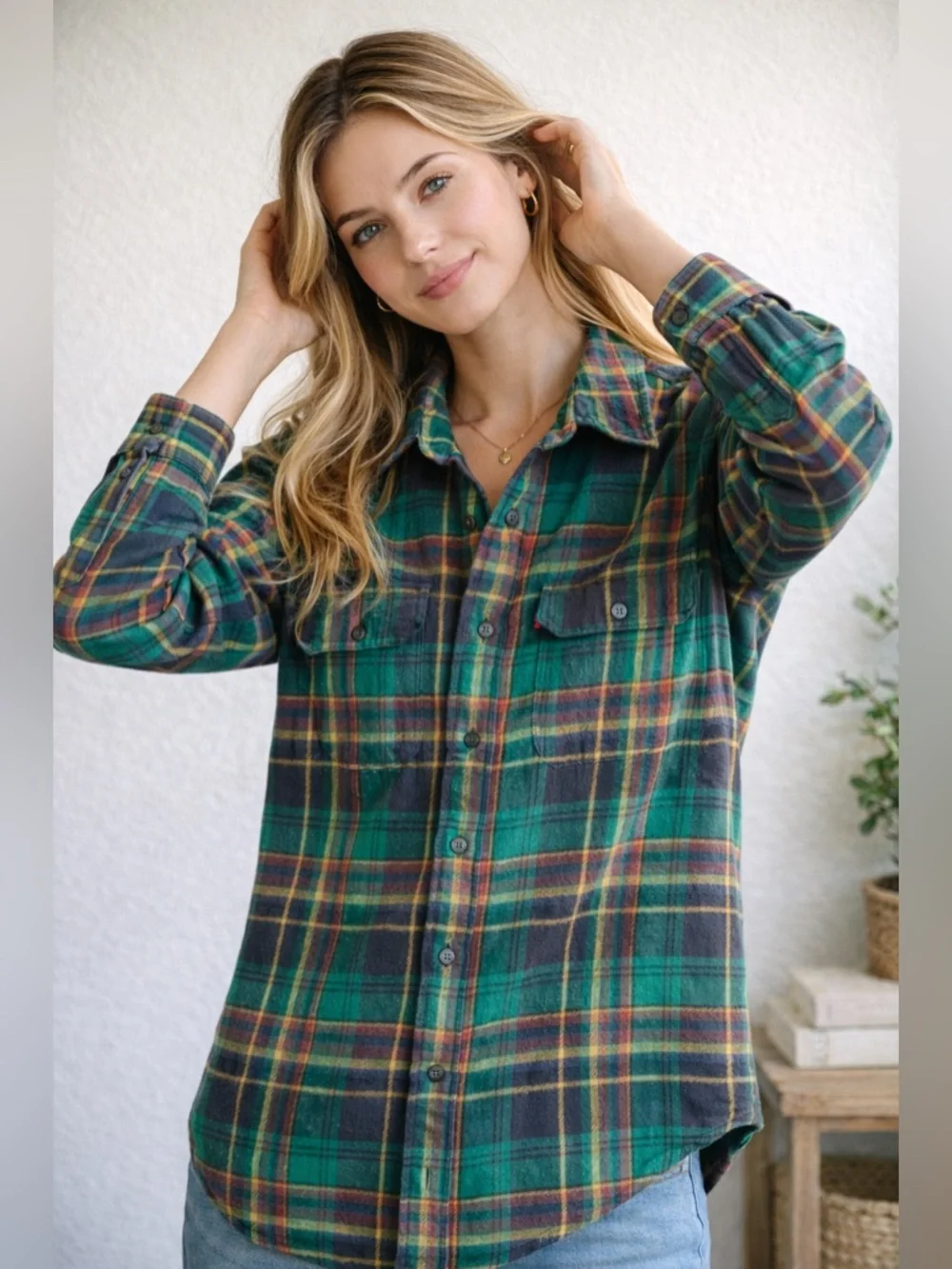 Levi’s Green Plaid Flannel Shirt Tartan Button Front Relaxed Fit S